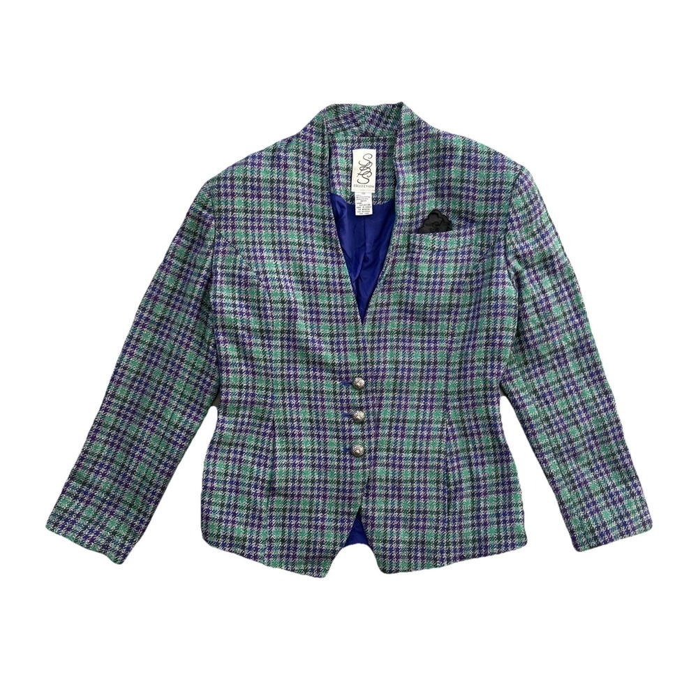SLS Collection Vintage Plaid Wool Blend Blazer Shoulder Pads Full Lined Size 10